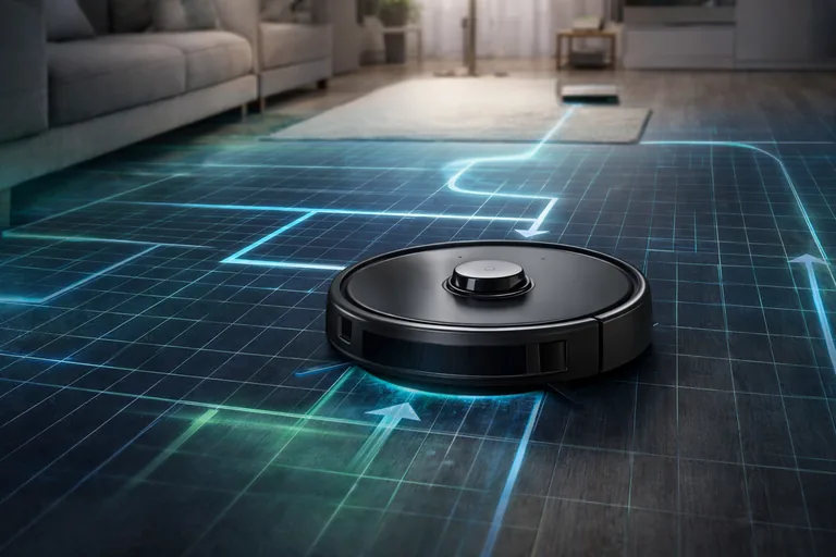 Saugroboter mit geplanter Fahrroute (Navigation)