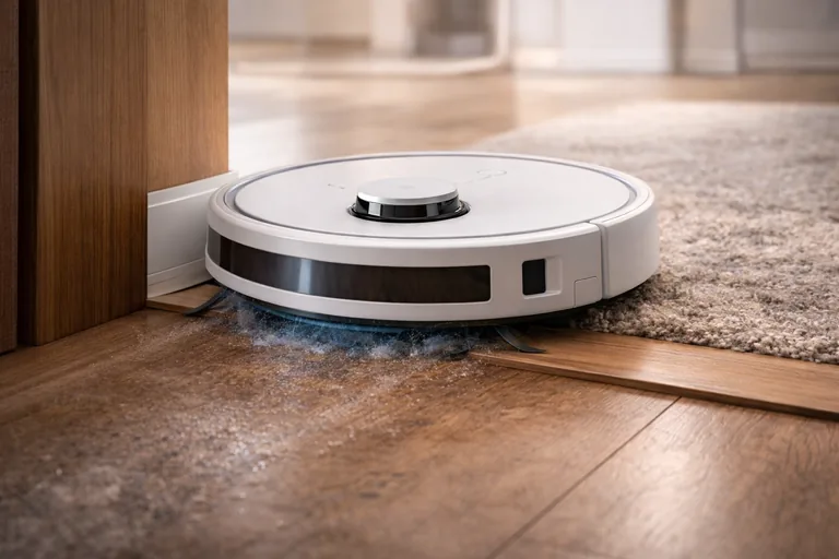 Saugroboter fährt über eine Türschwelle zwischen Räumen