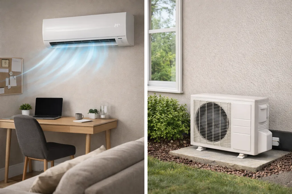 Split-Klimaanlage mit Innengerät im Raum und Außengerät vor dem Gebäude, dargestellt als zusammengehöriges System.