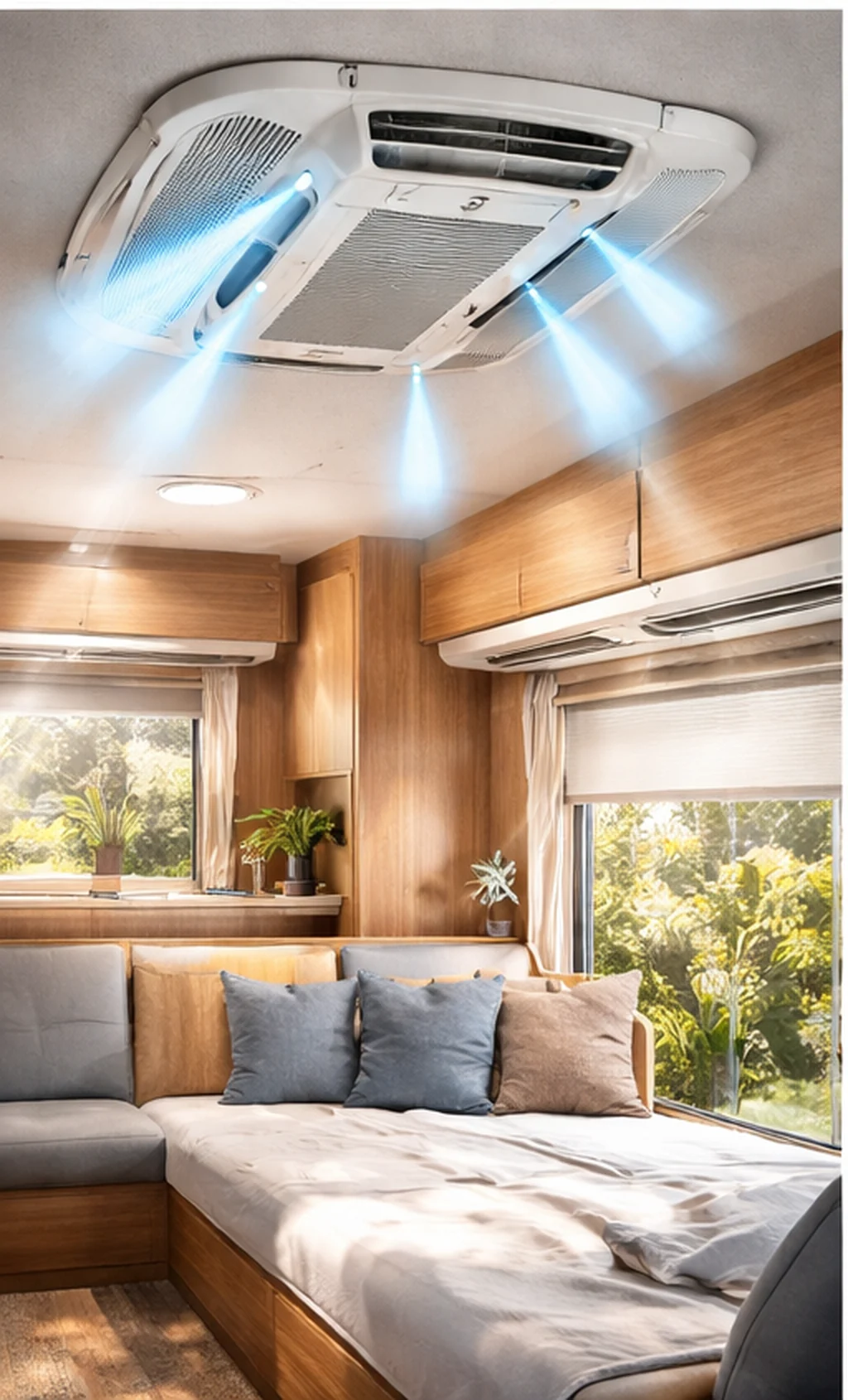 Dachklimaanlage im Wohnmobil: Einbau in der Dachluke mit Luftströmung nach vier Seiten